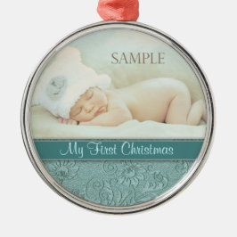 Aqua Floral Swirl Baby Eerste Kerstmis Metalen Ornament