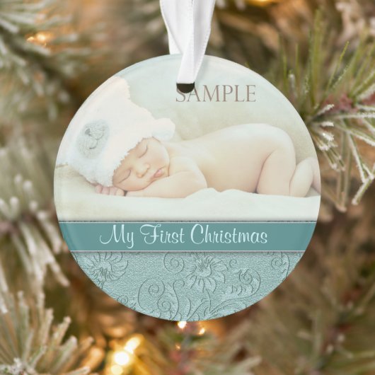 Aqua Floral Swirl Baby Eerste Kerstmis Ornament (Boom)