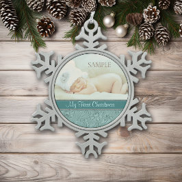 Aqua Floral Swirl Baby Eerste Kerstmis Tin Sneeuwvlok Ornament