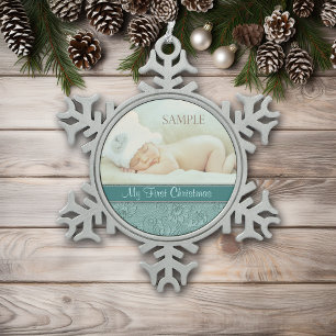 Aqua Floral Swirl Baby Eerste Kerstmis Tin Sneeuwvlok Ornament