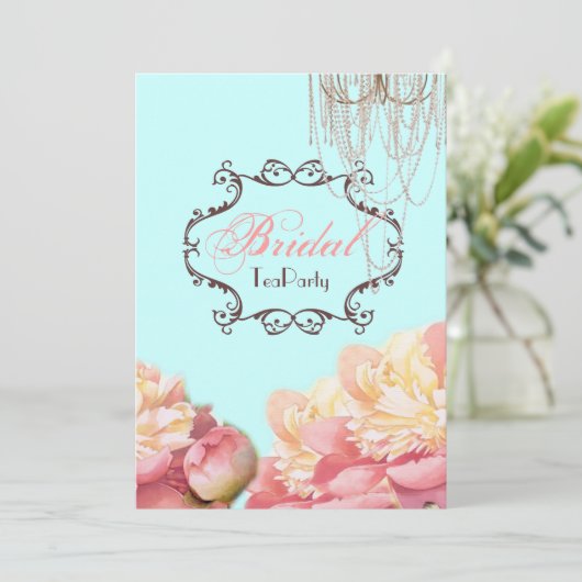 Aqua Floral Vrijgezellenfeest Tea Party uitnodigin Kaart (Staand voorkant)