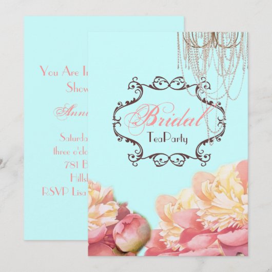 Aqua Floral Vrijgezellenfeest Tea Party uitnodigin Kaart (Voorkant / Achterkant)