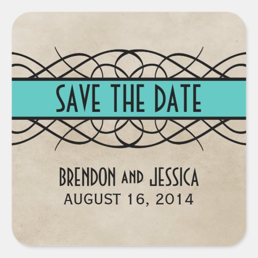 Aqua Flourish Border Save the Date Stickers (Voorkant)