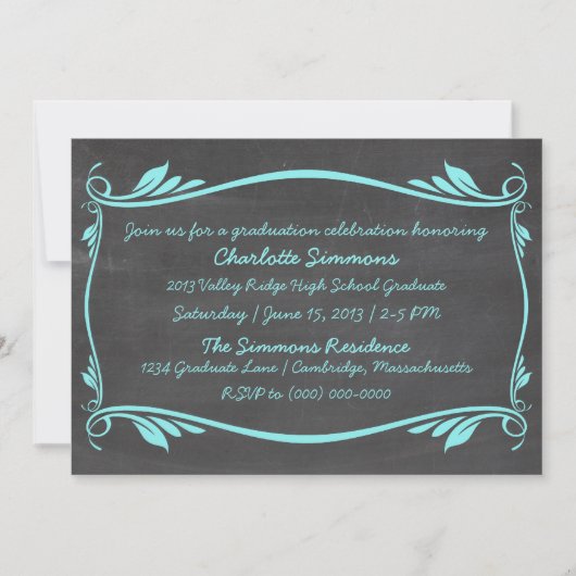 Aqua Flourish Chalkboard Afstuderen Invite Kaart (Voorkant)
