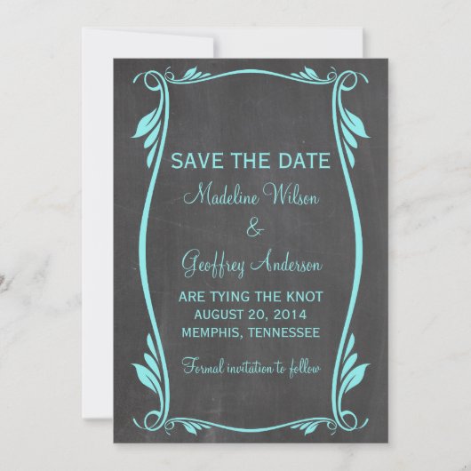 Aqua Flourish Chalkboard Save the Date Invite (Voorkant)