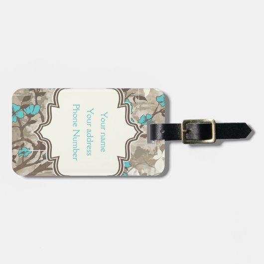  Aqua Flowers Bloemgrunge monogram Bagagelabel (Voorkant horizontaal)
