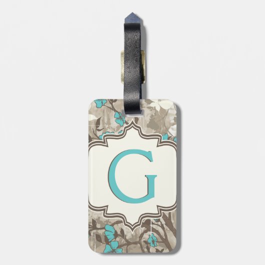 Aqua Flowers Bloemgrunge monogram Bagagelabel (Achterkant verticaal)