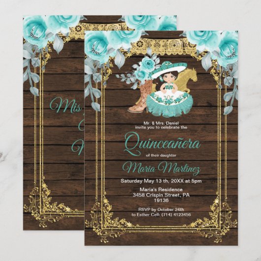 Aqua Flowers Princess Quinceañera Mexicaans Kaart (Voorkant / Achterkant)