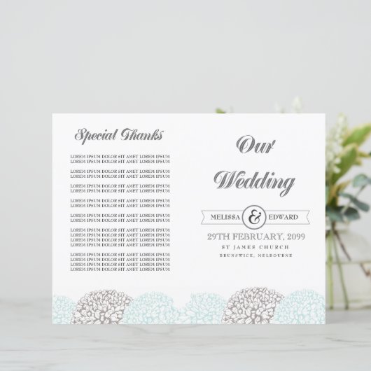  Aqua Flowers Wedding Program Booklet (Staand voorkant)