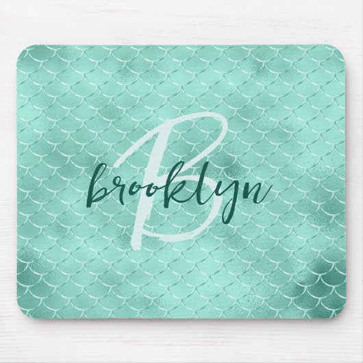Aqua Foil Mermaid Fish Scales Script Monogram  Muismat (Voorkant)