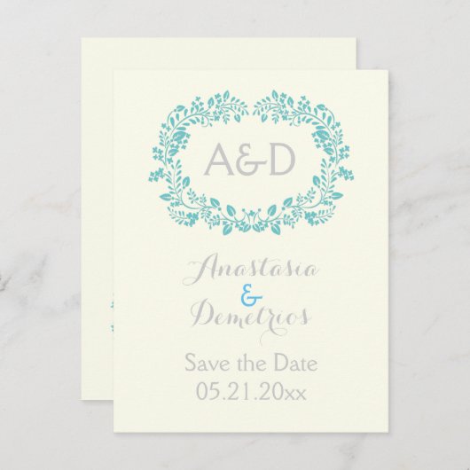 Aqua foliage lijst initialen bruiloft Opslaan Datu Aankondigingskaart (Voorkant / Achterkant)