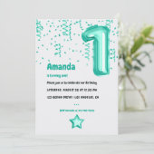 Aqua Folieballon en Confetti 1e Verjaardag Kaart (Staand voorkant)