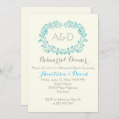 Aqua gebladerte initialen bruiloft repetitie diner kaart (Voorkant / Achterkant)