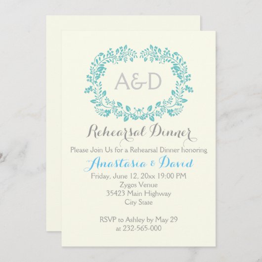 Aqua gebladerte initialen bruiloft repetitie diner kaart (Voorkant / Achterkant)