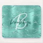 Aqua Geborsteld Metaal Glitter Schrift Monogram Muismat (Voorkant)