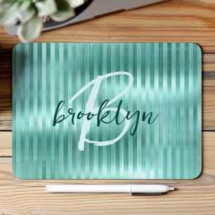Aqua Geborsteld Metaal Strepen Script Monogram  Muismat