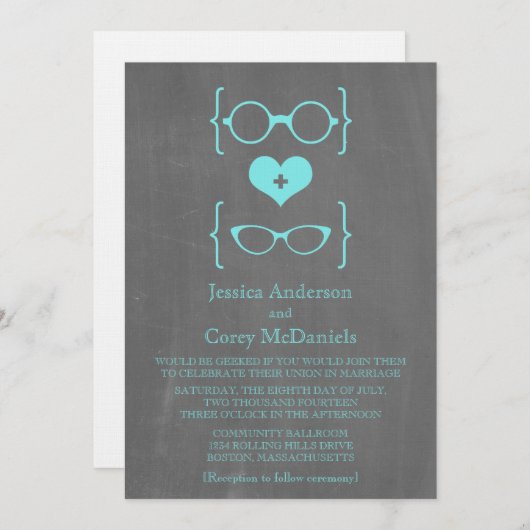 Aqua Geeky Glasses Chalkboard Wedding Invite Kaart (Voorkant / Achterkant)