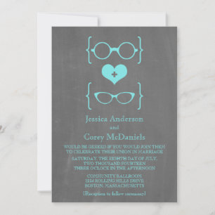 Aqua Geeky Glasses Chalkboard Wedding Invite Kaart