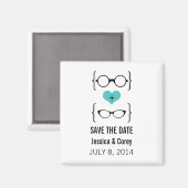 Aqua Geeky Glasses Save the Date Magnet (Voorkant / Achterkant)
