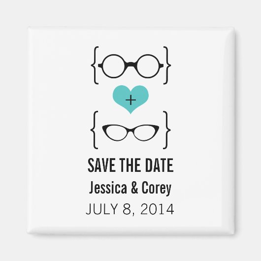 Aqua Geeky Glasses Save the Date Magnet (Voorkant)