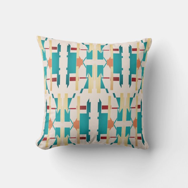 Aqua Geel Rood Beige Zuidwest Look Groot Mozaïek Kussen (Voorkant)