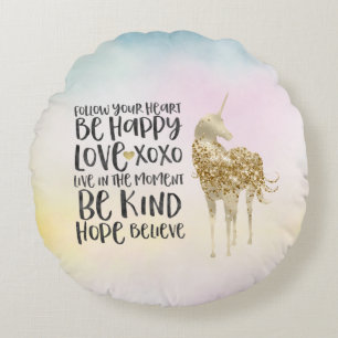 Aqua Geel Roze Waterverf Inspirerend Eenhoorn Rond Kussen