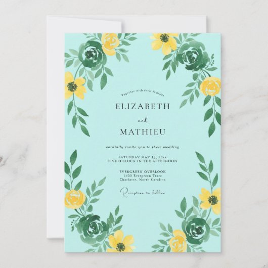 Aqua Gele Wildebloemen Bruiloft Kaart (Voorkant)