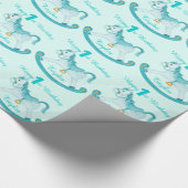 Aqua genaamd rocking horse 1ste verjaardagspatroon cadeaupapier (Hoek)