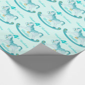 Aqua genaamd rocking horse 4de verjaardagspatroon  cadeaupapier (Hoek)