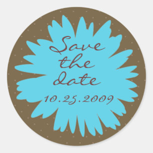 Aqua Gerbera op Brown Save the Date Sticker