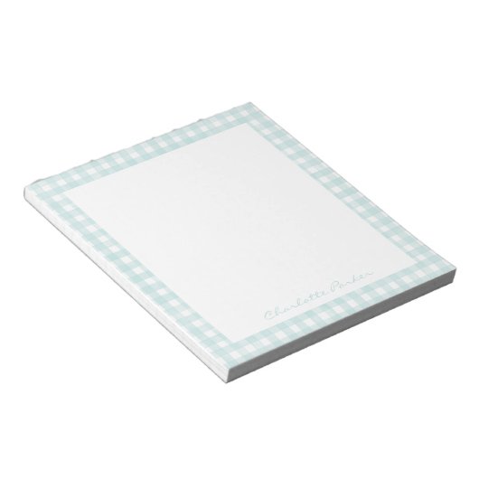 Aqua Gingham Aangepaste Naam Notitieblok (Schuin)