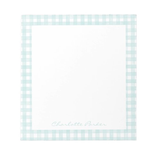 Aqua Gingham Aangepaste Naam Notitieblok (Voorkant)