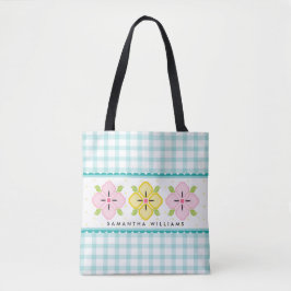 Aqua Gingham Bloemige Monogram Tote Bag