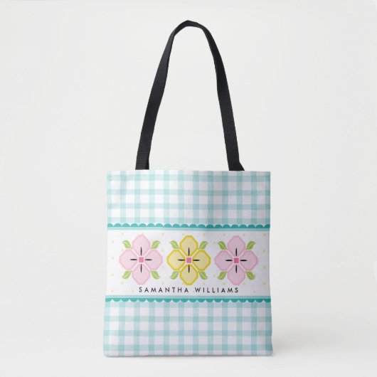 Aqua Gingham Bloemige Monogram Tote Bag (Voorkant)