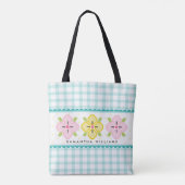 Aqua Gingham Bloemige Monogram Tote Bag (Achterkant)