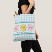Aqua Gingham Bloemige Monogram Tote Bag (Dichtbij)
