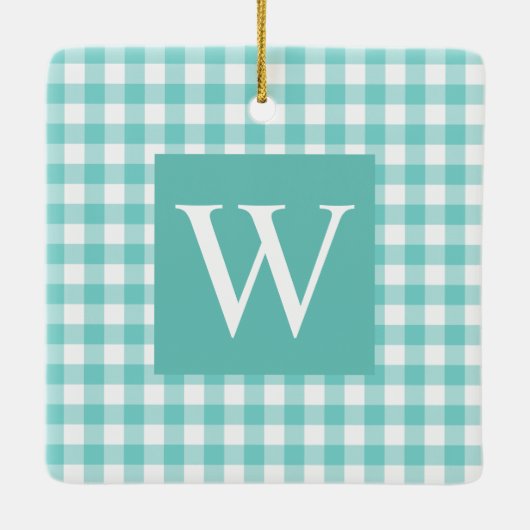 Aqua Gingham Check Initiaal Keramisch Ornament (Achterkant)