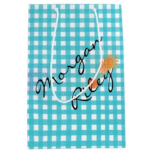 Aqua gingham en bloemen medium cadeauzakje (Voorkant)