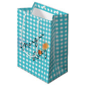 Aqua gingham en bloemen medium cadeauzakje (Voorkant Gekanteld)