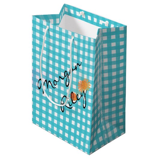 Aqua gingham en bloemen medium cadeauzakje (Voorkant Gekanteld)