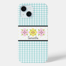 Aqua Gingham Geruite Bloem Monogram iPhone 15 Case