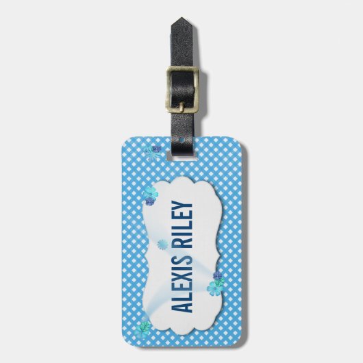 aqua gingham met windbloemen op afgeschuind label bagagelabel (Voorkant verticaal)