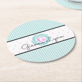 Aqua Gingham Monogram Ronde Kartonnen Onderzetter (Gebogen)