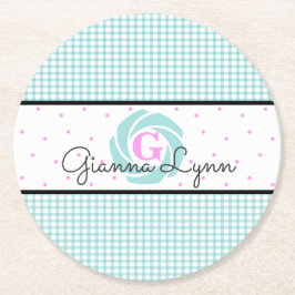 Aqua Gingham Monogram Ronde Kartonnen Onderzetter