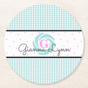 Aqua Gingham Monogram Ronde Kartonnen Onderzetter