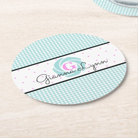 Aqua Gingham Monogrammed Ronde Kartonnen Onderzetter (Gebogen)
