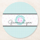 Aqua Gingham Monogrammed Ronde Kartonnen Onderzetter (Voorkant)