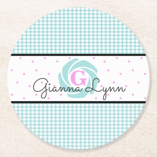 Aqua Gingham Monogrammed Ronde Kartonnen Onderzetter (Voorkant)