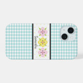 Aqua Gingham Plaid Bloem Monogram iPhone 15 Case (Achterkant horizontaal)