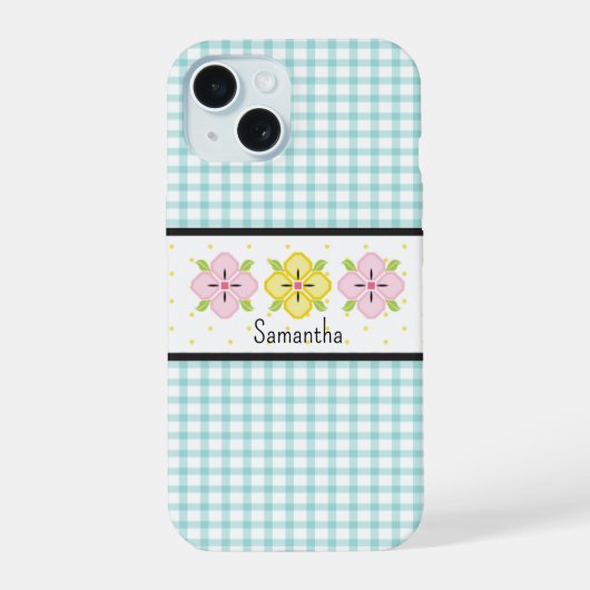 Aqua Gingham Plaid Bloem Monogram iPhone 15 Case (Achterkant)